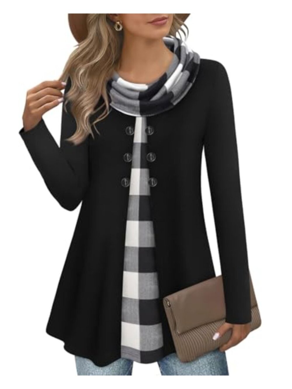 Women's Cowl Neck Tunic Sweatshirt Long Sleeve Pullover with Buttons